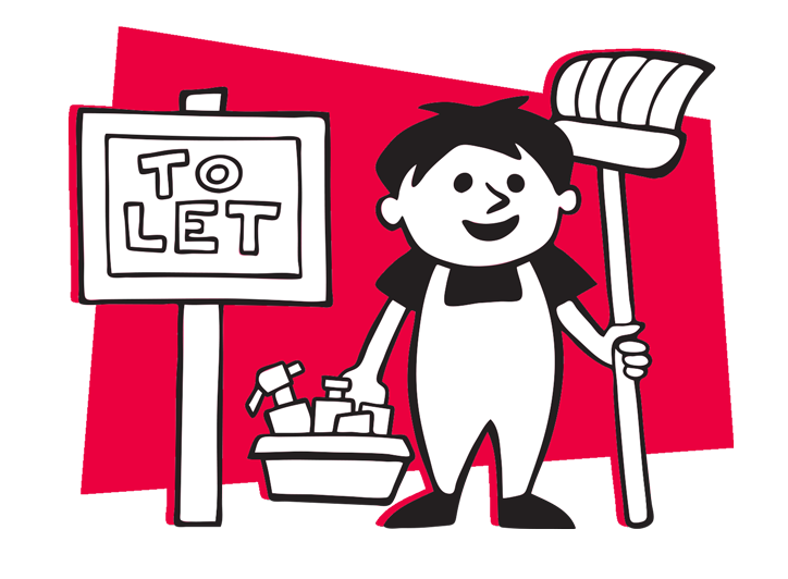End of tenancy cartoon cleaner by a To Let sign
