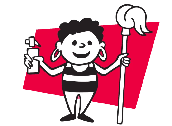 Mrs. Mop cartoon character with mop and spray bottle